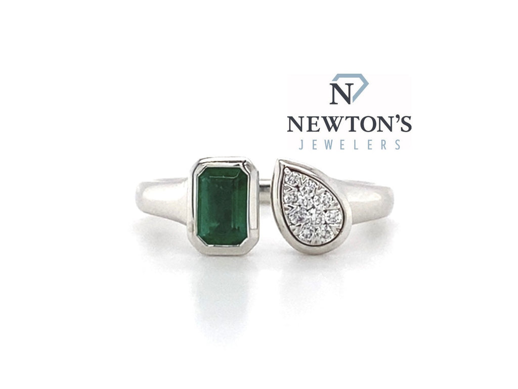Platinum Diamond and Emerald Bypass Fashion Ring