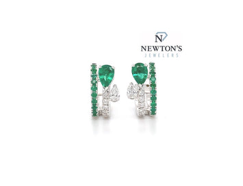 18kt White Gold Emerald and Diamond Huggie Hoop Earings