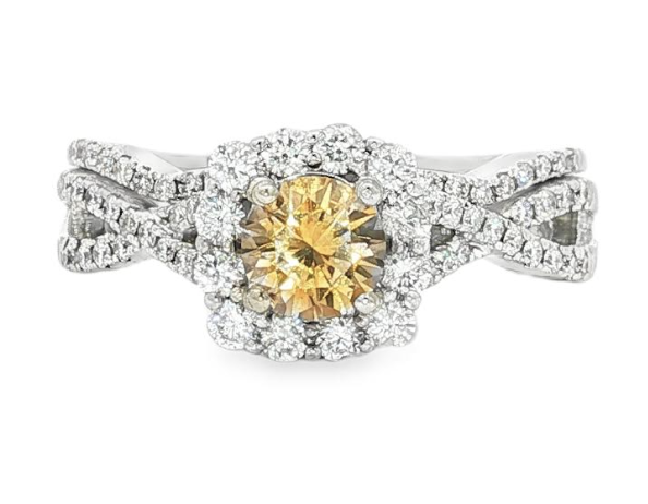 14kt White Gold Orange Sapphire & Diamond Halo Ring