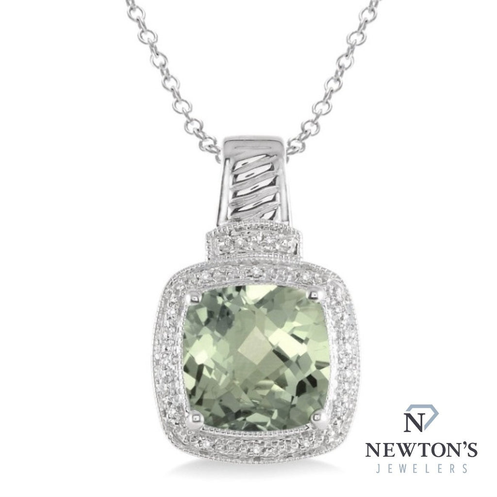 Sterling Silver Green Amethyst & Diamond Pendant Necklace (0.05ct)