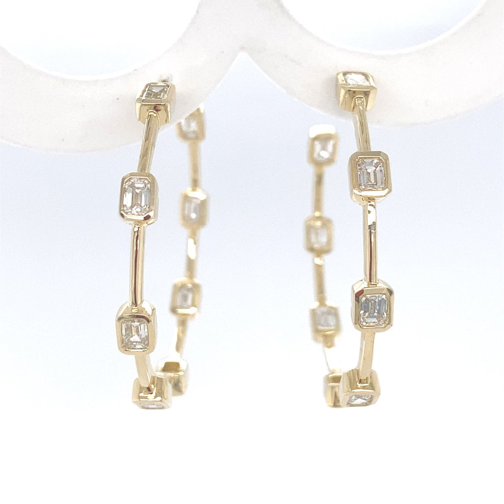 14kt Yellow Gold Emerald Cut Diamond Hoop Earrings