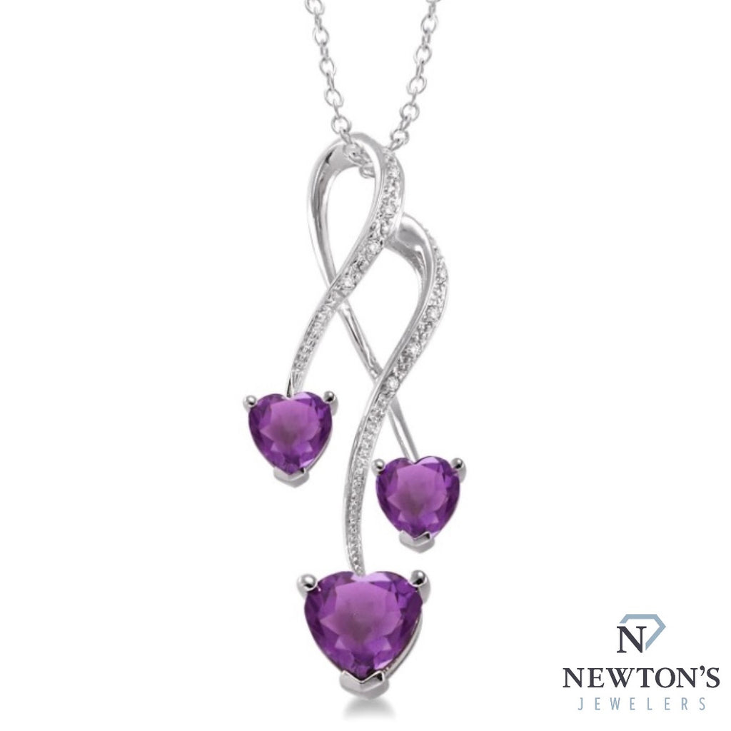 Sterling Silver Amethyst Heart Trio Pendant Necklace