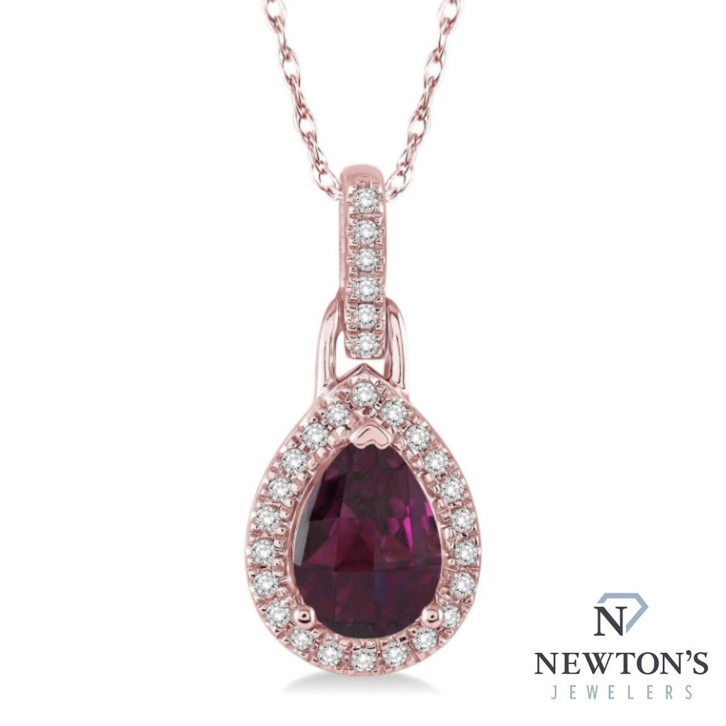 10kt Rose Gold Pear Shape Garnet & Diamond Pendant Necklace