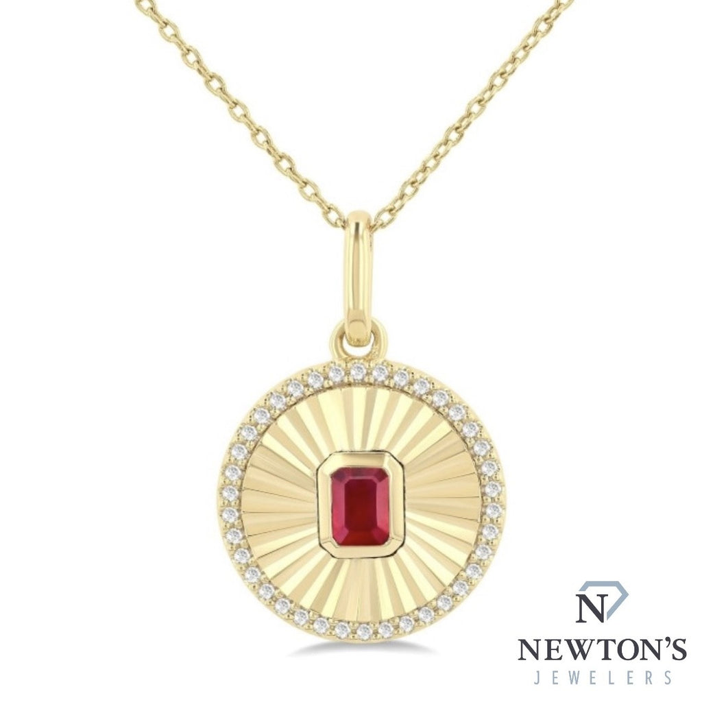 10kt Yellow Gold Ruby & Diamond Medallion Pendant Necklace