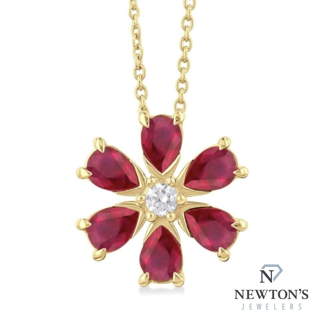 14kt Yellow Gold Ruby & Diamond Flower Pendant Necklace