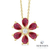 14kt Yellow Gold Ruby & Diamond Flower Pendant Necklace