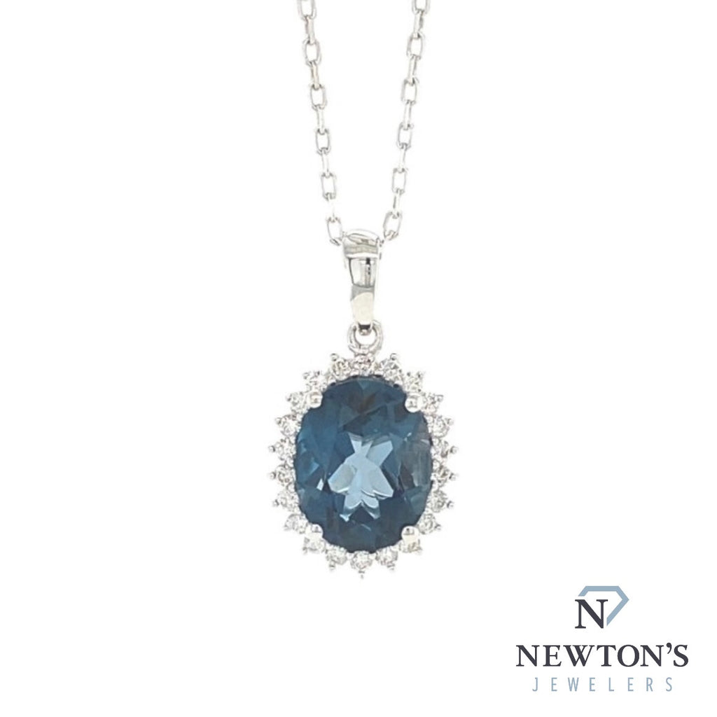 Estate 14kt White Gold Blue Zircon & Diamond Pendant Necklace