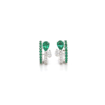 18kt White Gold Emerald and Diamond Huggie Hoop Earings