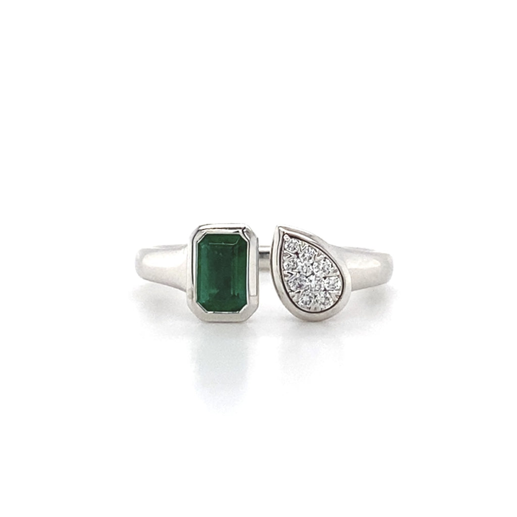 Platinum Diamond and Emerald Bypass Fashion Ring