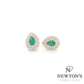 14kt Yellow Gold Pear Shape Emerald & Diamond Ear Studs