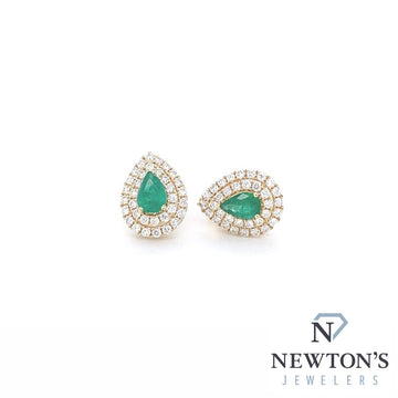 14kt Yellow Gold Pear Shape Emerald & Diamond Ear Studs