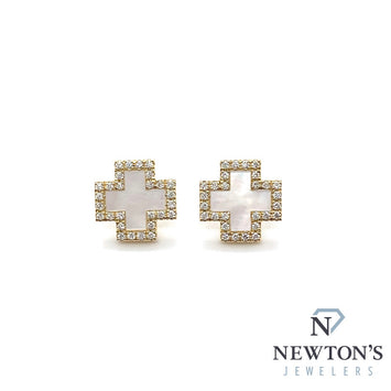 14kt Yellow Gold Mother of Pearl & Diamond Cross Ear Studs