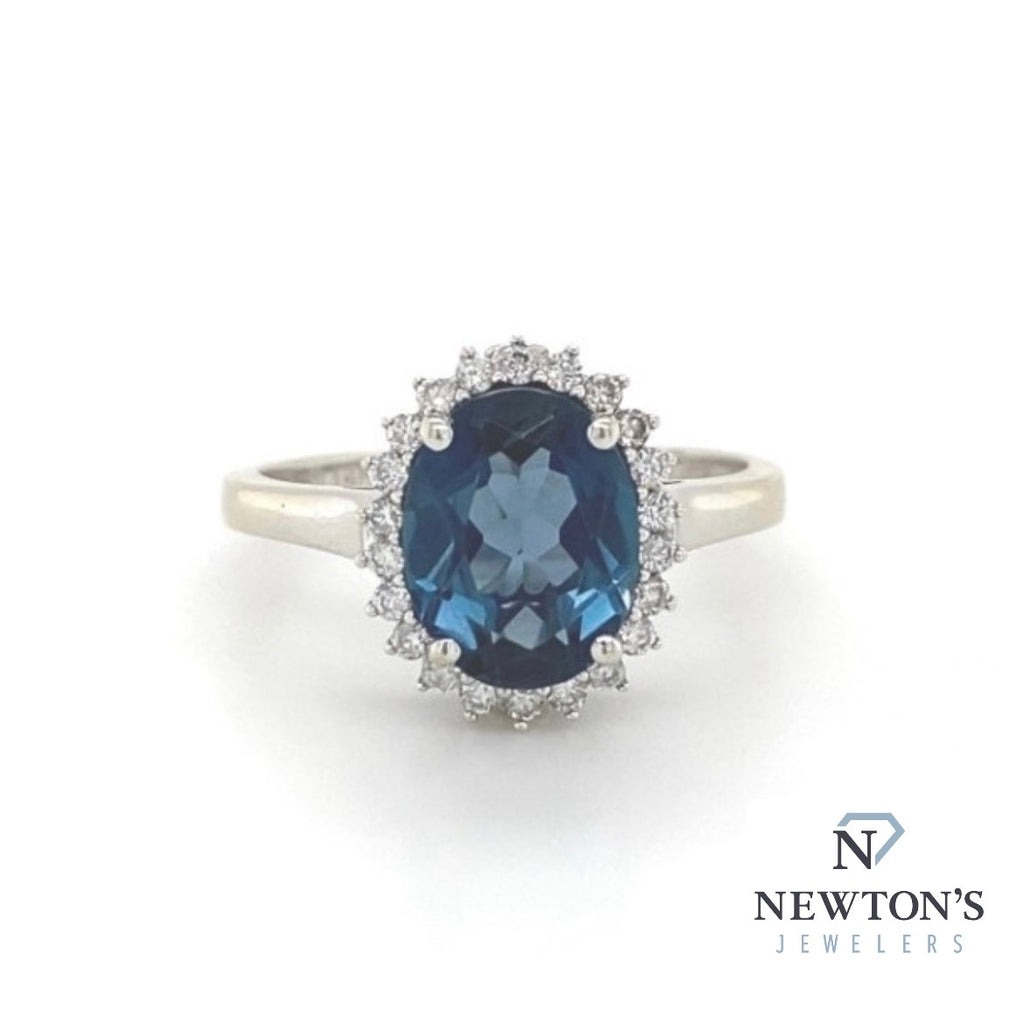 Estate 14kt White Gold Blue Zircon & Diamond Fashion Ring