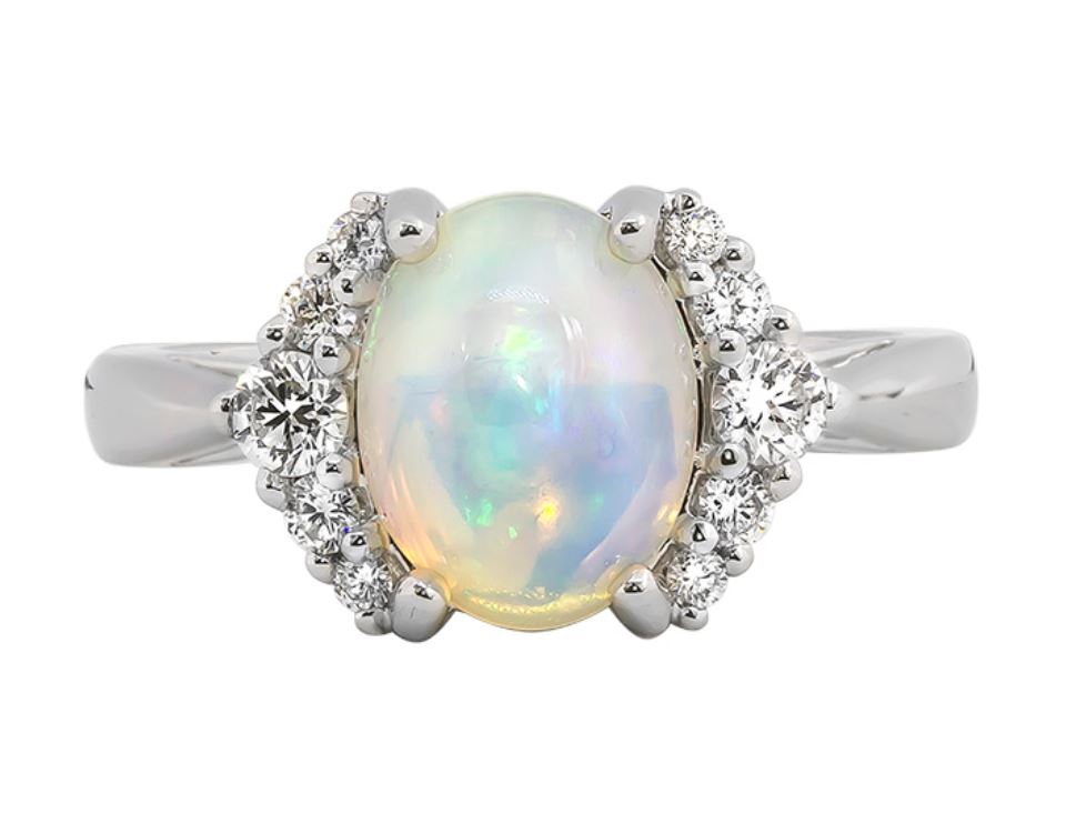 14kt White Gold Ethiopian Opal Fashion Ring with Diamond Accents