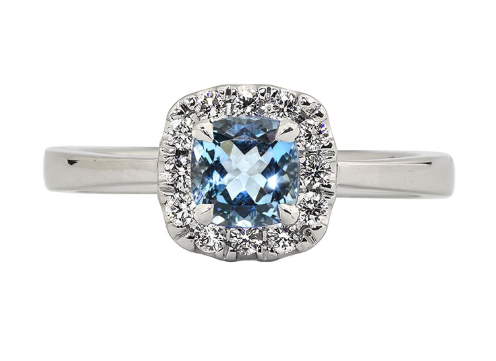 14kt White Gold Aquamarine Fashion Ring with Diamond Halo