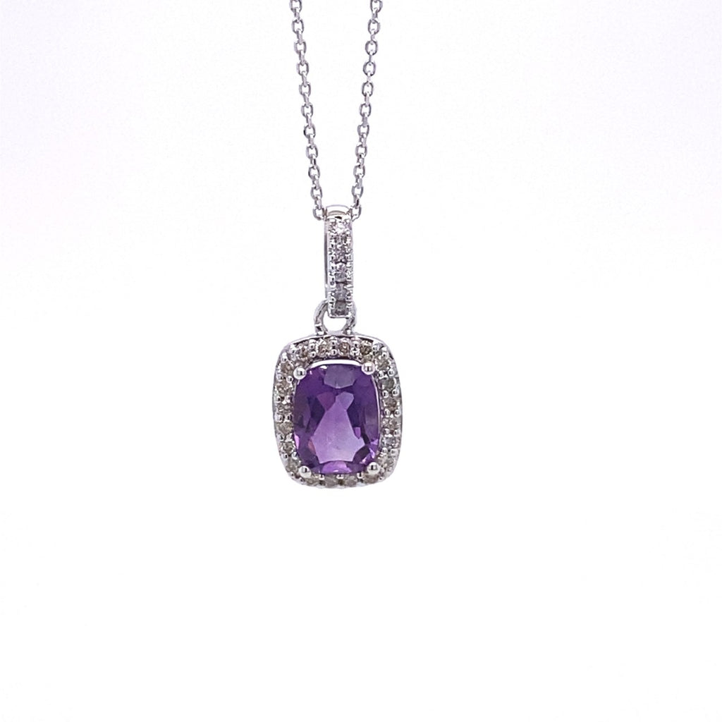 14kt White Gold Amethyst and Diamond Pendant with Chain