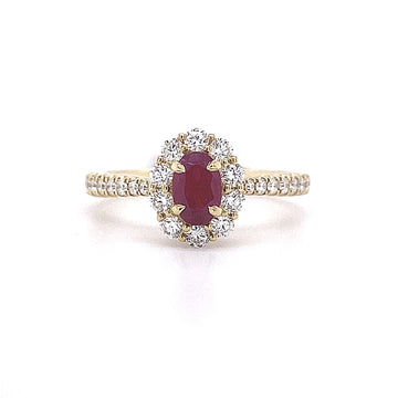 14kt Yellow Gold Ruby and Diamond Fashion Ring with Halo