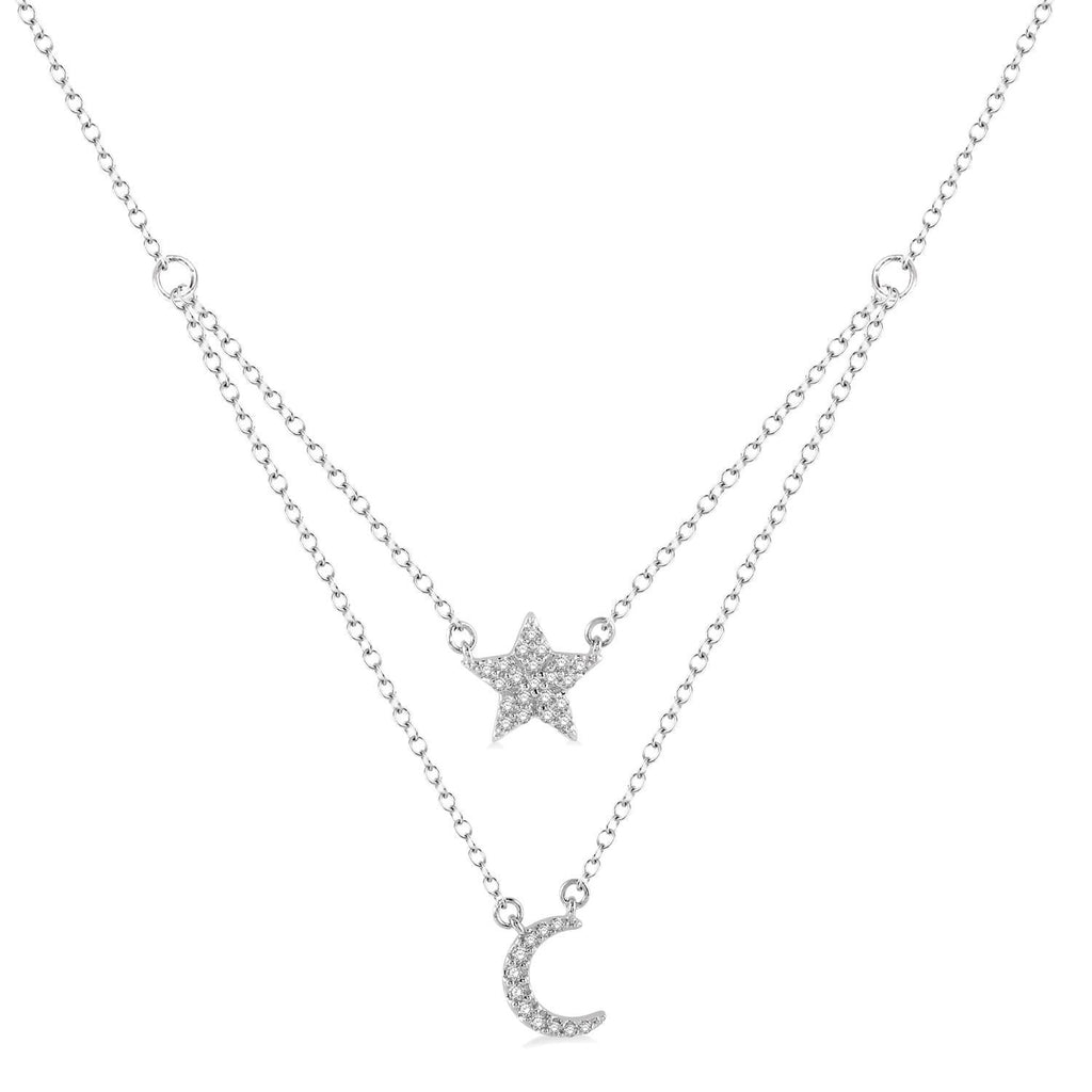 10kt White Gold Diamond Moon and Star Layering Necklace