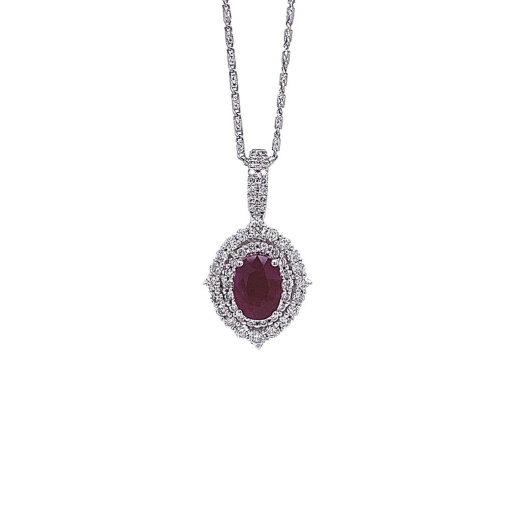 14kt White Gold Oval Cut Ruby and Diamond Pendant with Chain