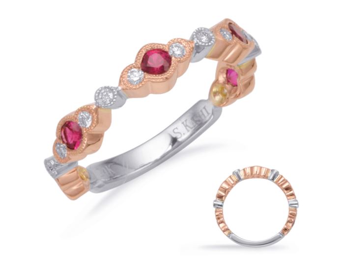 14kt Rose Gold and White Gold Diamond and Ruby Stackable Ring